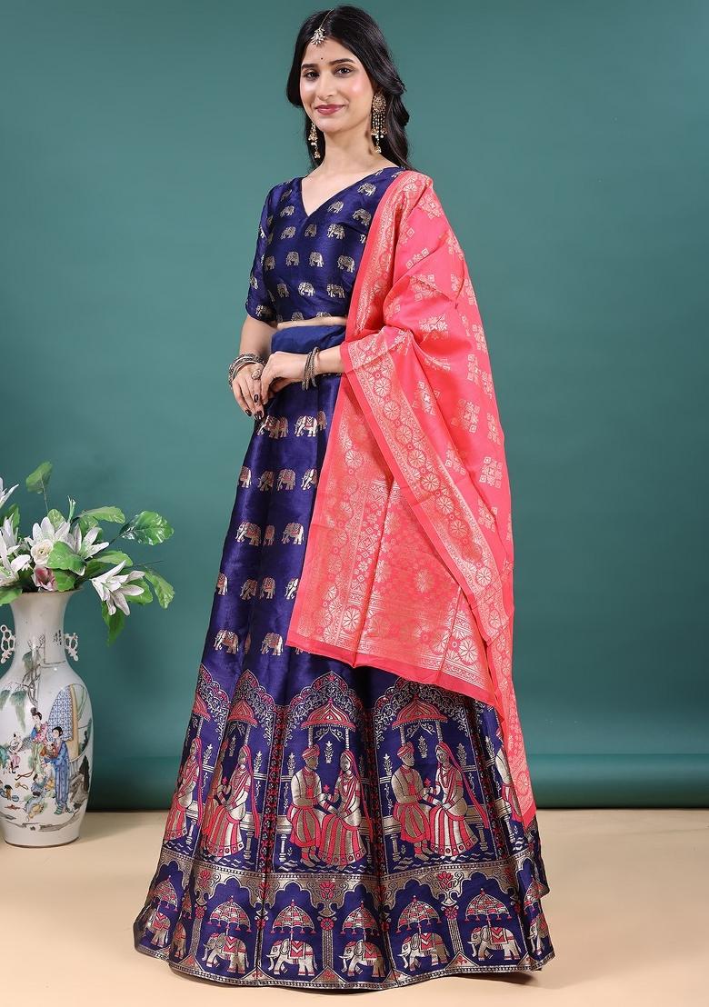 Navy Blue Jacquard Work Jacquard Lehenga Set - Indya