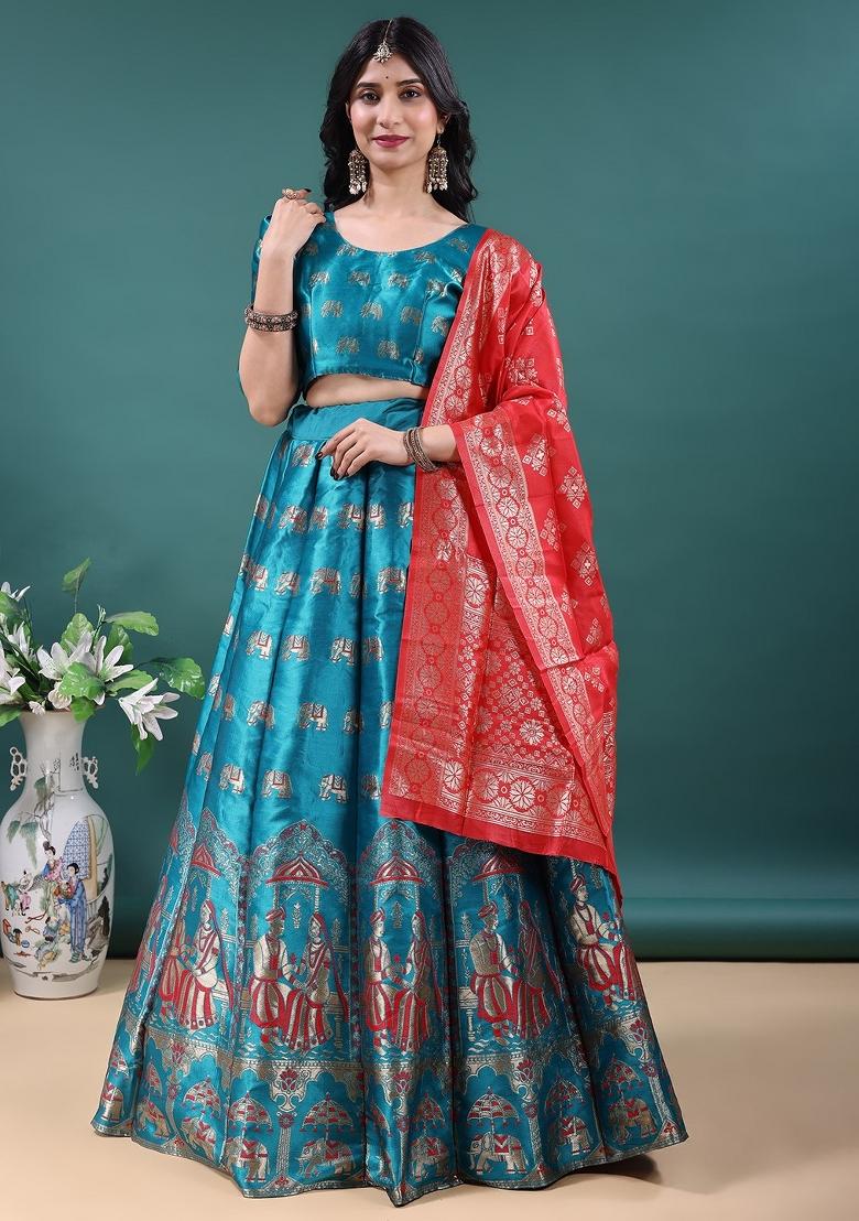 Rama Jacquard Work Jacquard Lehenga Set - Indya