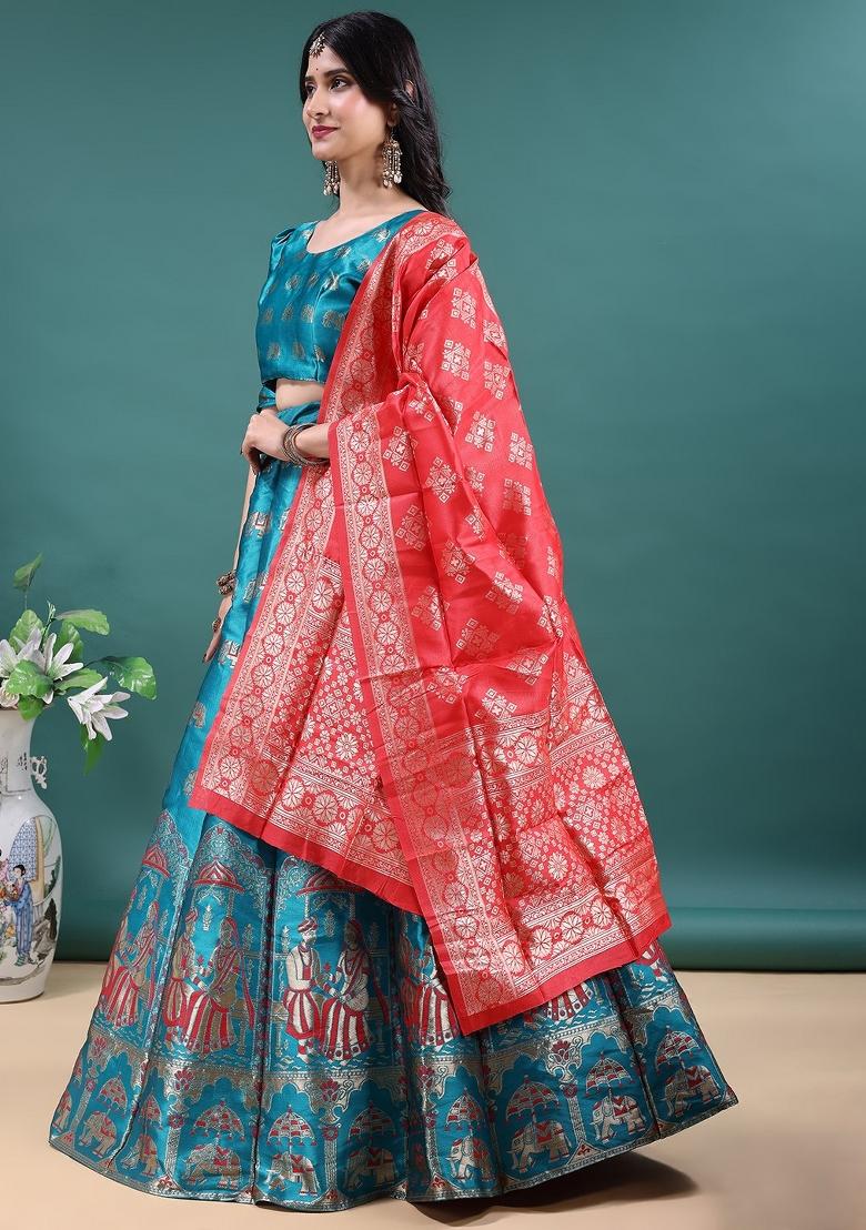 Rama Jacquard Work Jacquard Lehenga Set - Indya