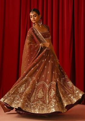 Orange Embroidery Silk Lehenga Set