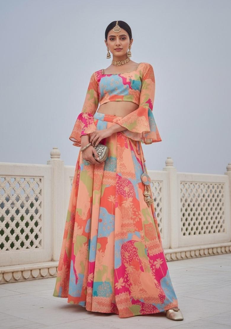 Multicolor Embroidery Georgette Lehenga Set - Indya