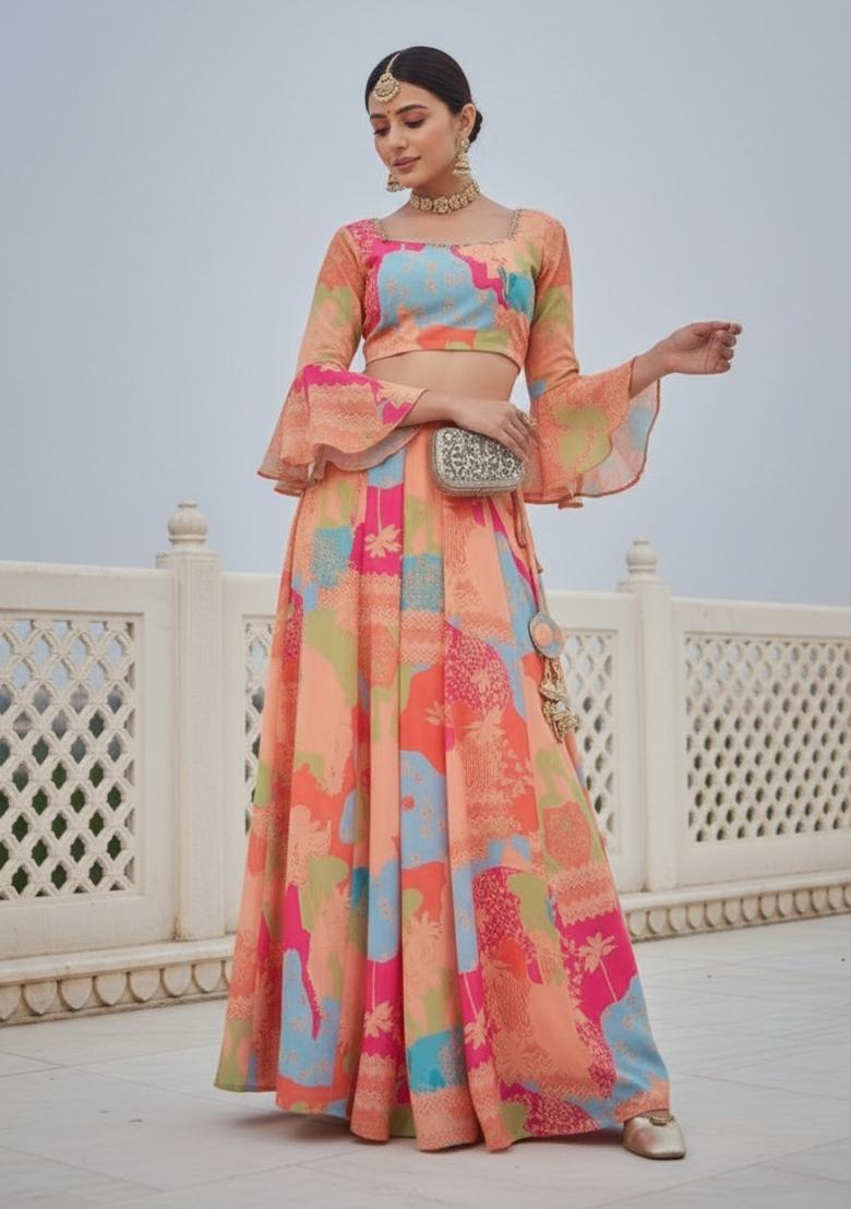 Multicolor Embroidery Georgette Lehenga Set - Indya