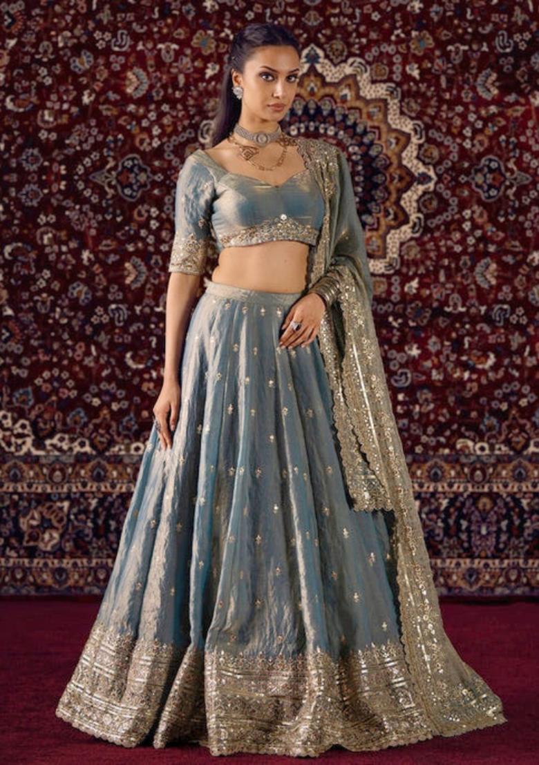 Sea Green Embroidery Silk Lehenga Set - Indya