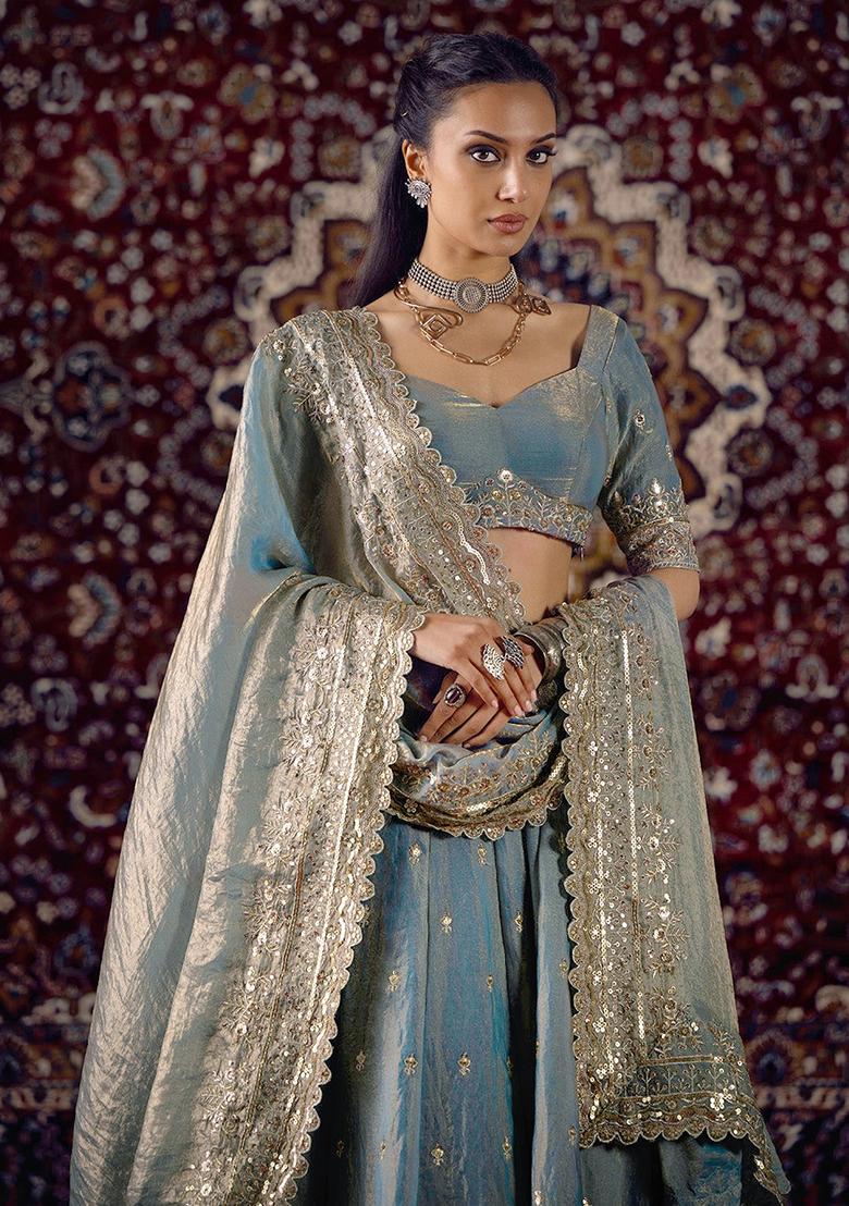 Sea Green Embroidery Silk Lehenga Set - Indya