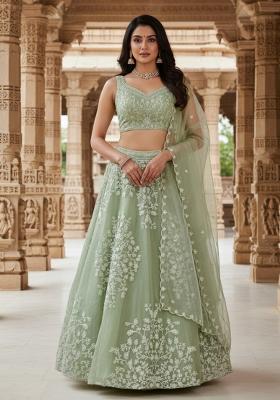 Pista Green Embroidery Organza Lehenga Set