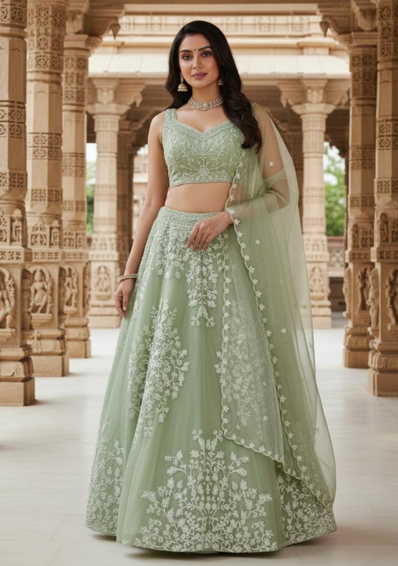 Pista Green Embroidery Organza Lehenga Set - Indya
