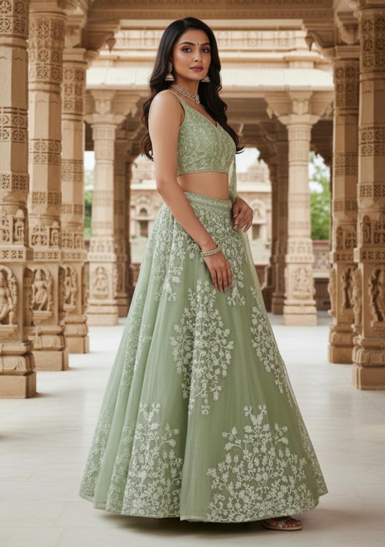 Pista Green Embroidery Organza Lehenga Set - Indya