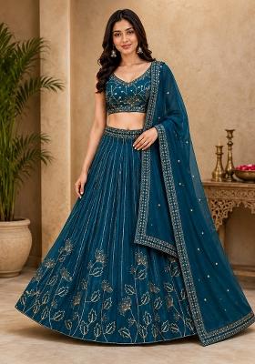 Blue Embroidery Georgette Lehenga Set