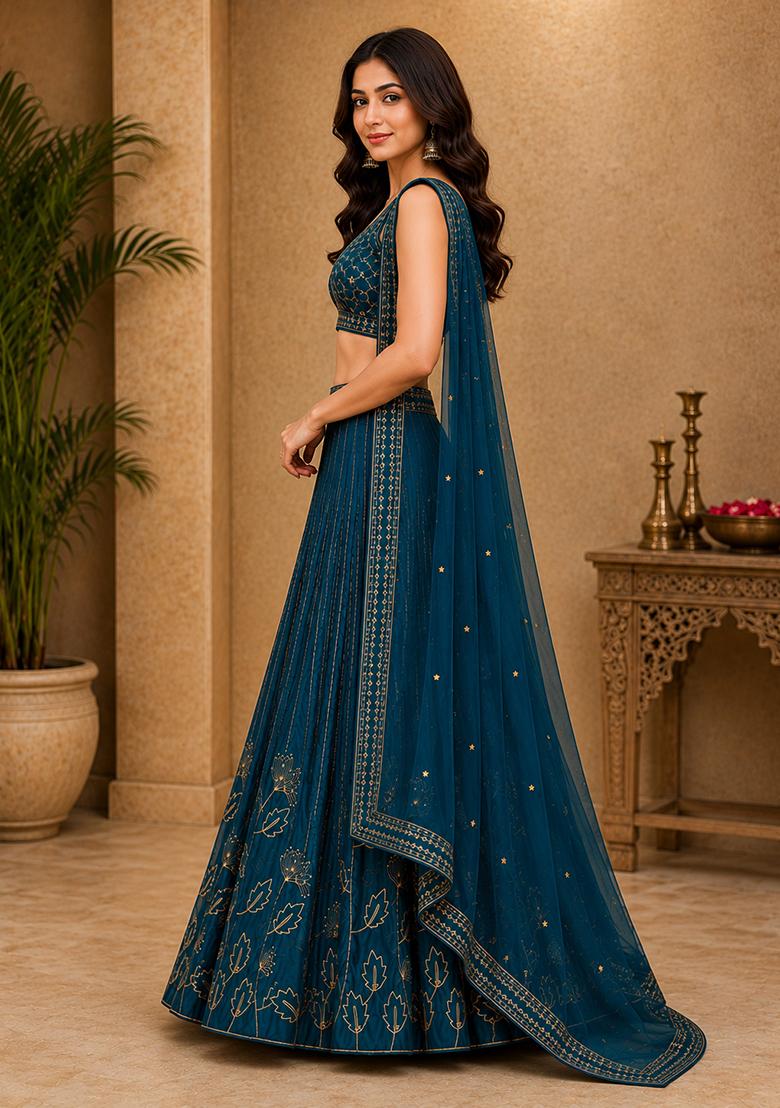 Blue Embroidery Georgette Lehenga Set - Indya
