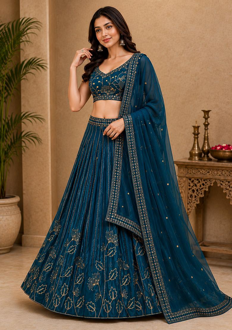 Blue Embroidery Georgette Lehenga Set - Indya