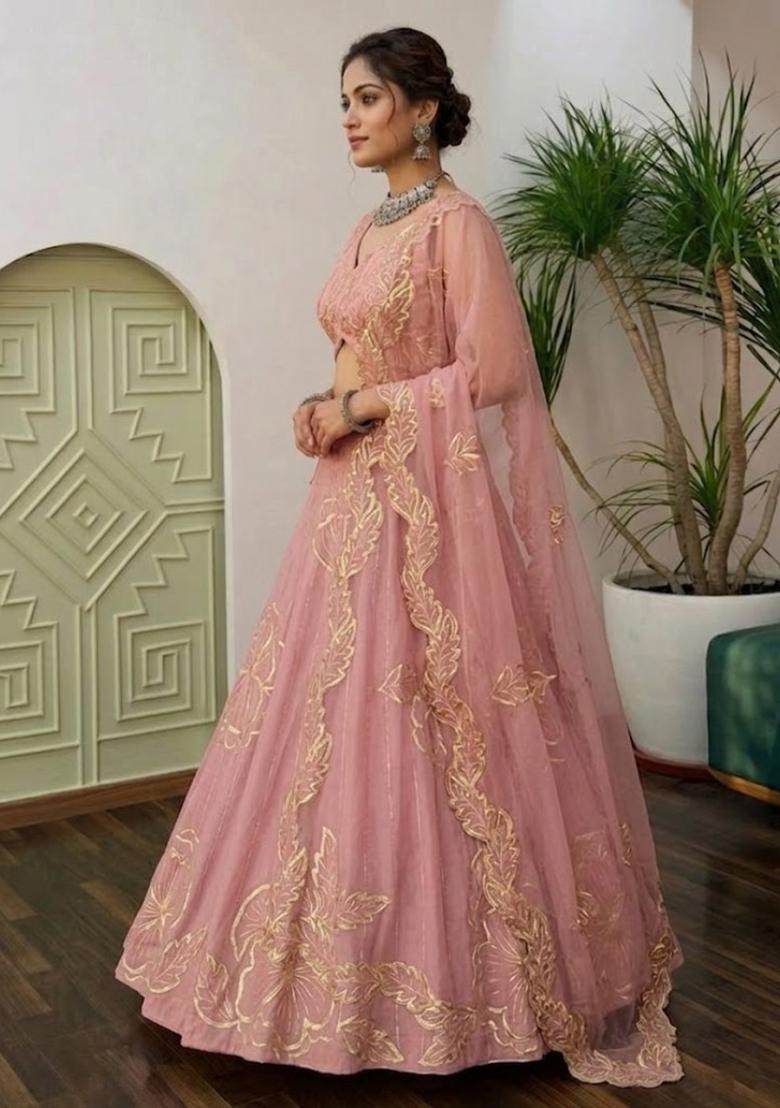 Pink Embroidery Silk Lehenga Set - Indya