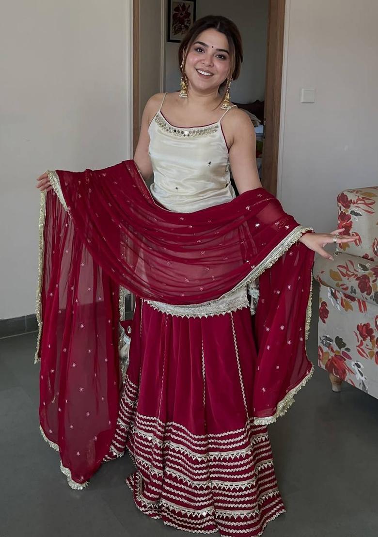 White Embroidered Silk Lehenga Set - Indya