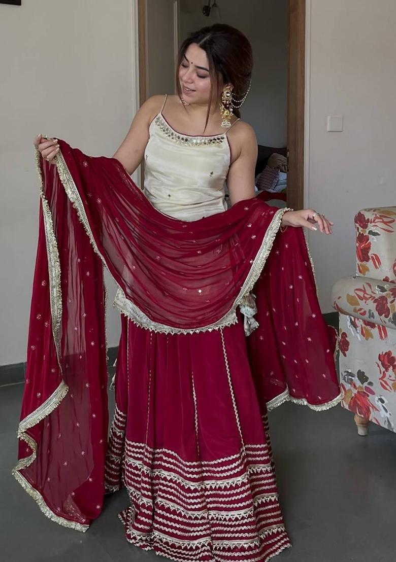 White Embroidered Silk Lehenga Set - Indya