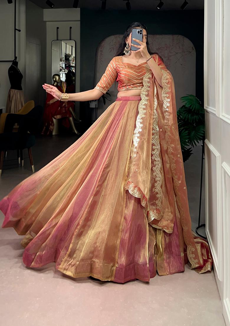Pink Solid Silk Blend Lehenga Set - Indya