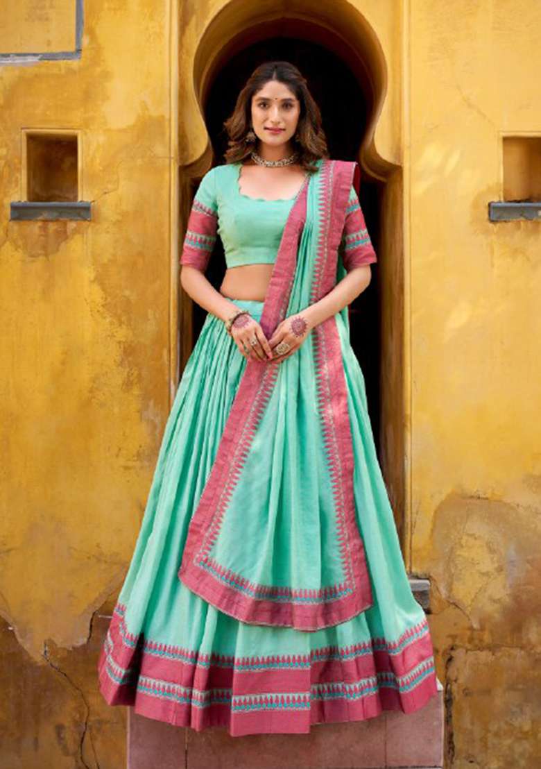 Blue Chanderi Lehenga Set with Thread Work for Diwali | Wedding & Festive Wear - Indya