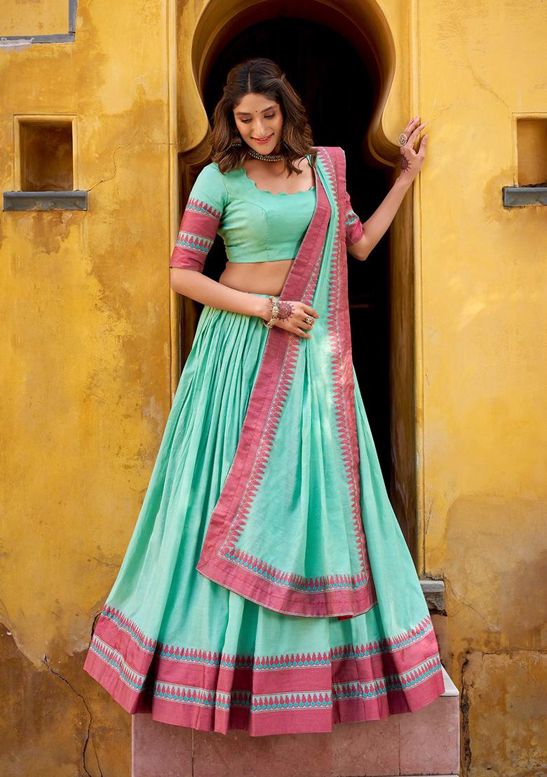 Blue Thread Work Chanderi Lehenga Set - Indya