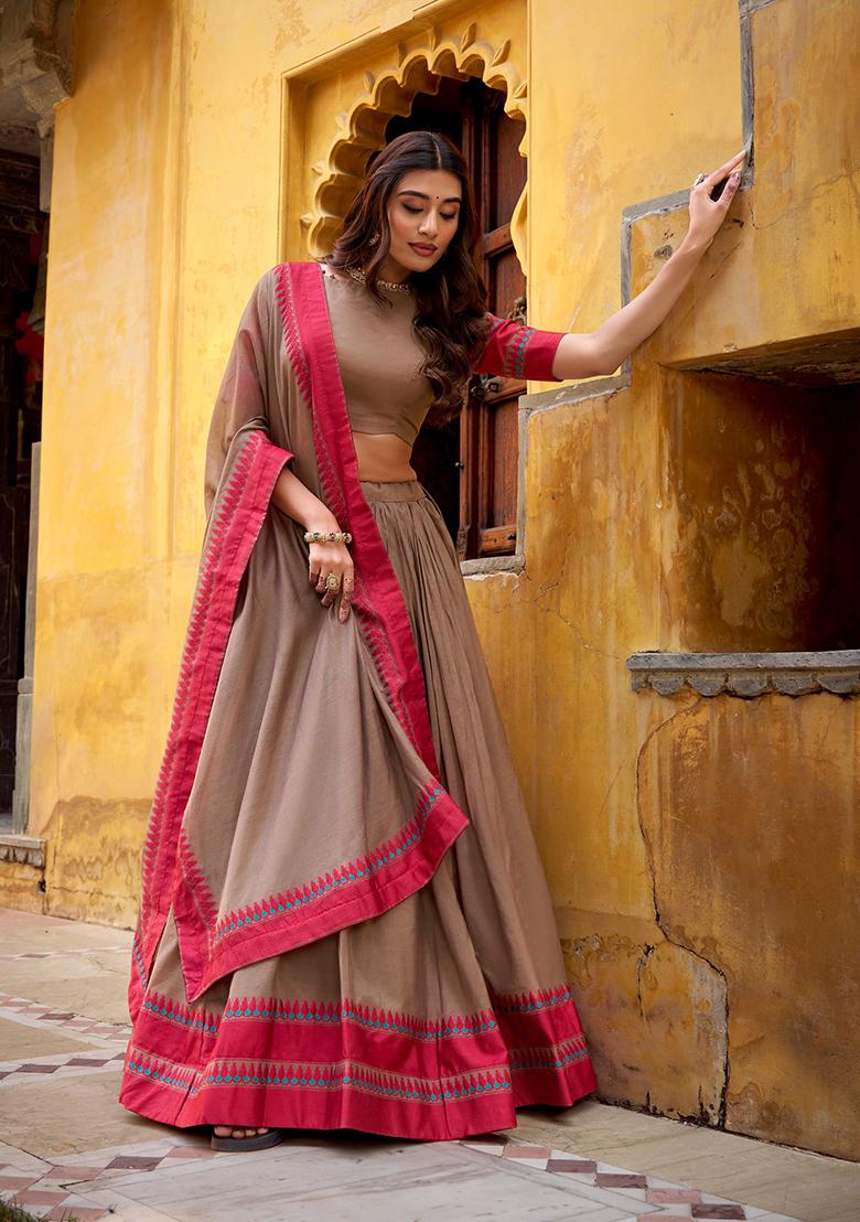 Brown Thread Work Chanderi Lehenga Set - Indya