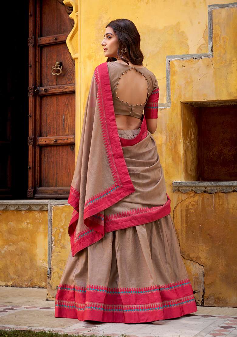 Brown Chanderi Lehenga Set with Thread Work for Diwali | Wedding & Festive Wear - Indya