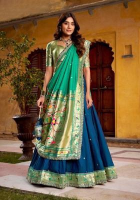 Blue Zari Work Silk Blend Lehenga Set