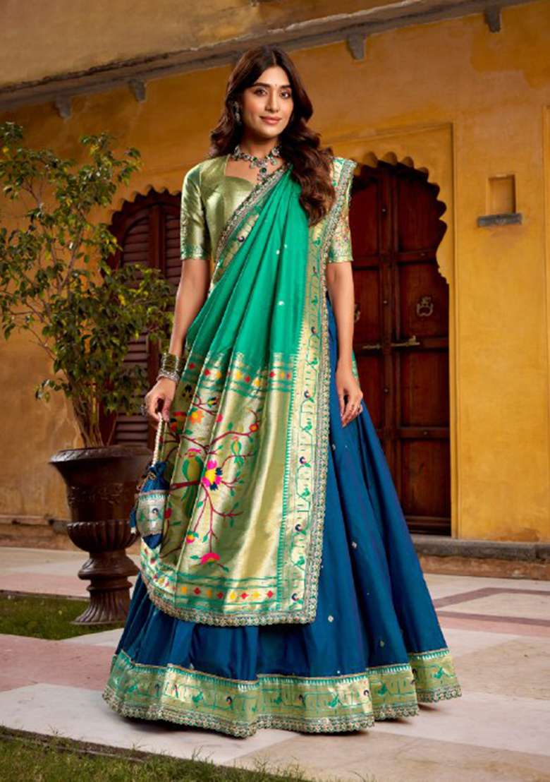 Blue Zari Work Silk Blend Lehenga Set - Indya