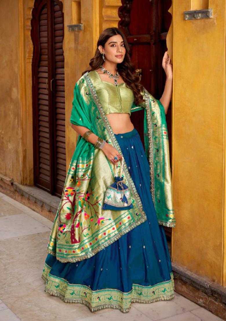 Blue Zari Work Silk Blend Lehenga Set - Indya