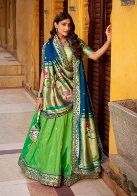 Parrot Green Zari Work Silk Blend Lehenga Set