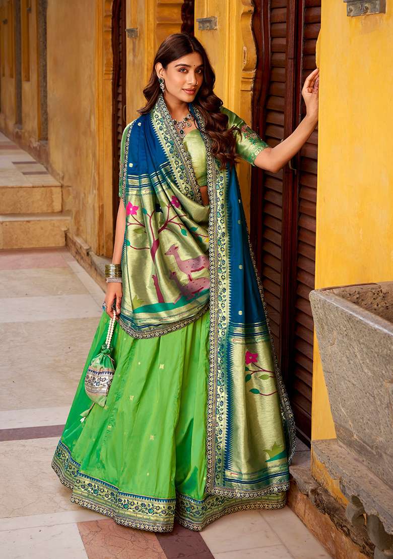 Parrot Green Zari Work Silk Blend Lehenga Set - Indya