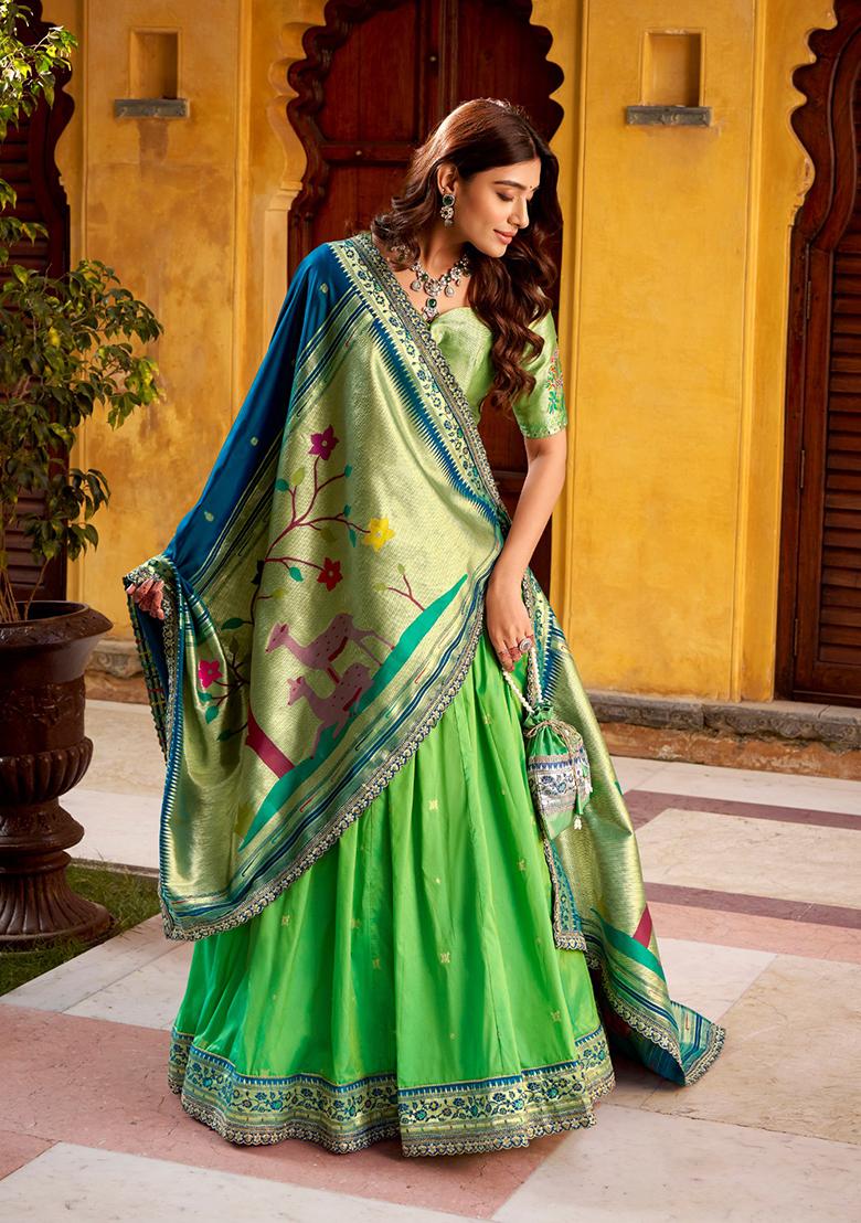 Parrot Green Zari Work Silk Blend Lehenga Set - Indya