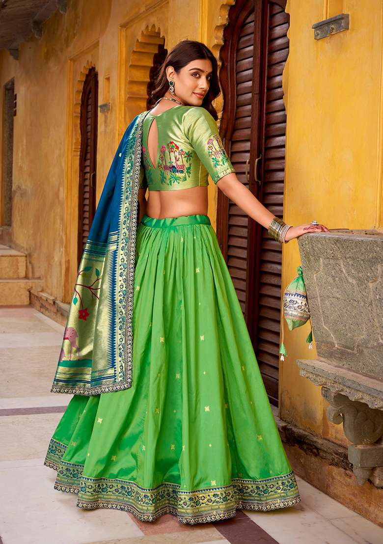 Parrot Green Zari Work Silk Blend Lehenga Set - Indya
