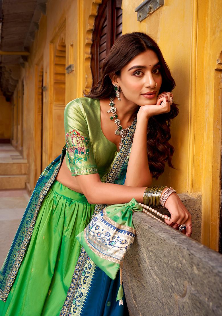 Parrot Green Zari Work Silk Blend Lehenga Set - Indya