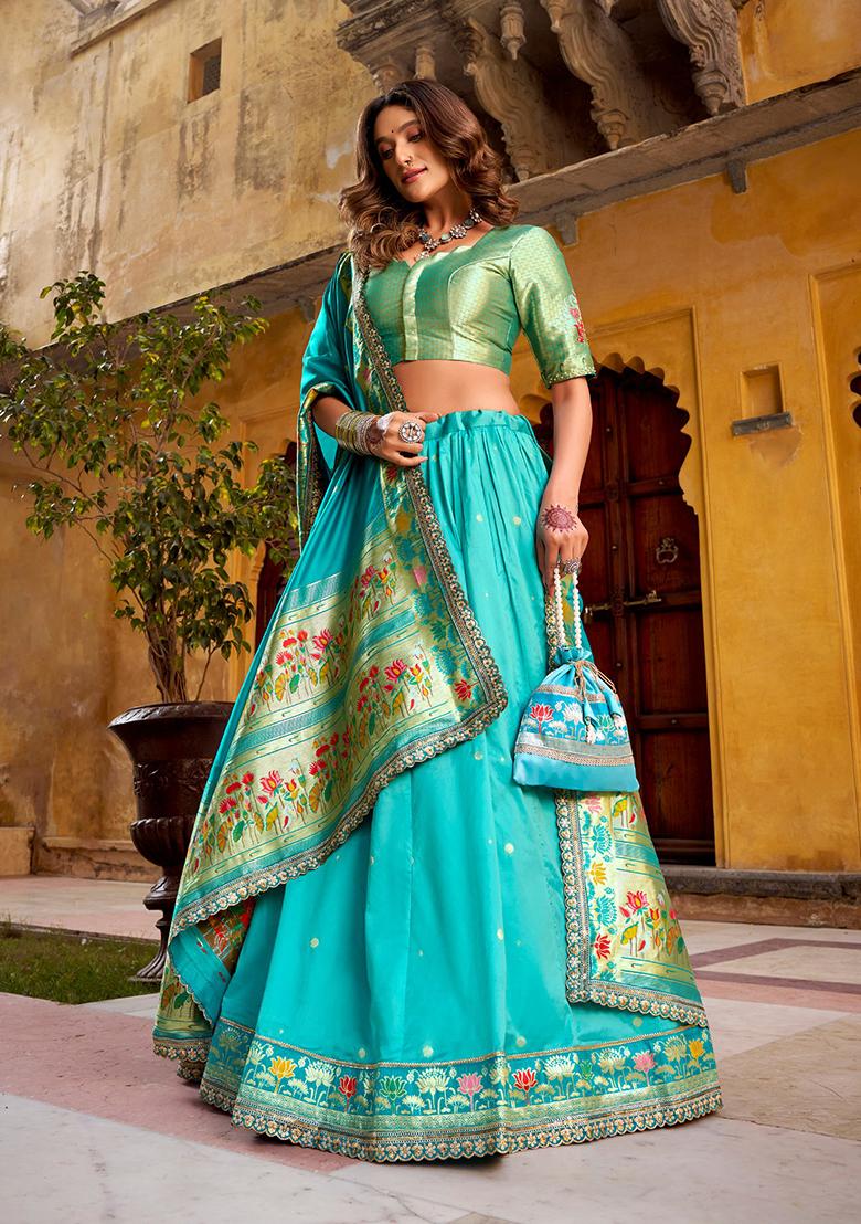 Blue Zari Work Silk Blend Lehenga Set - Indya