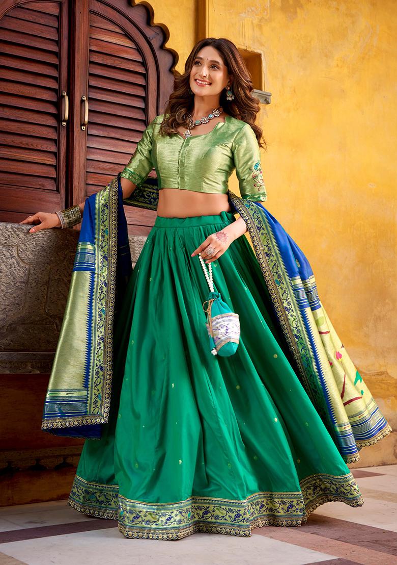 Teal Zari Work Silk Blend Lehenga Set - Indya