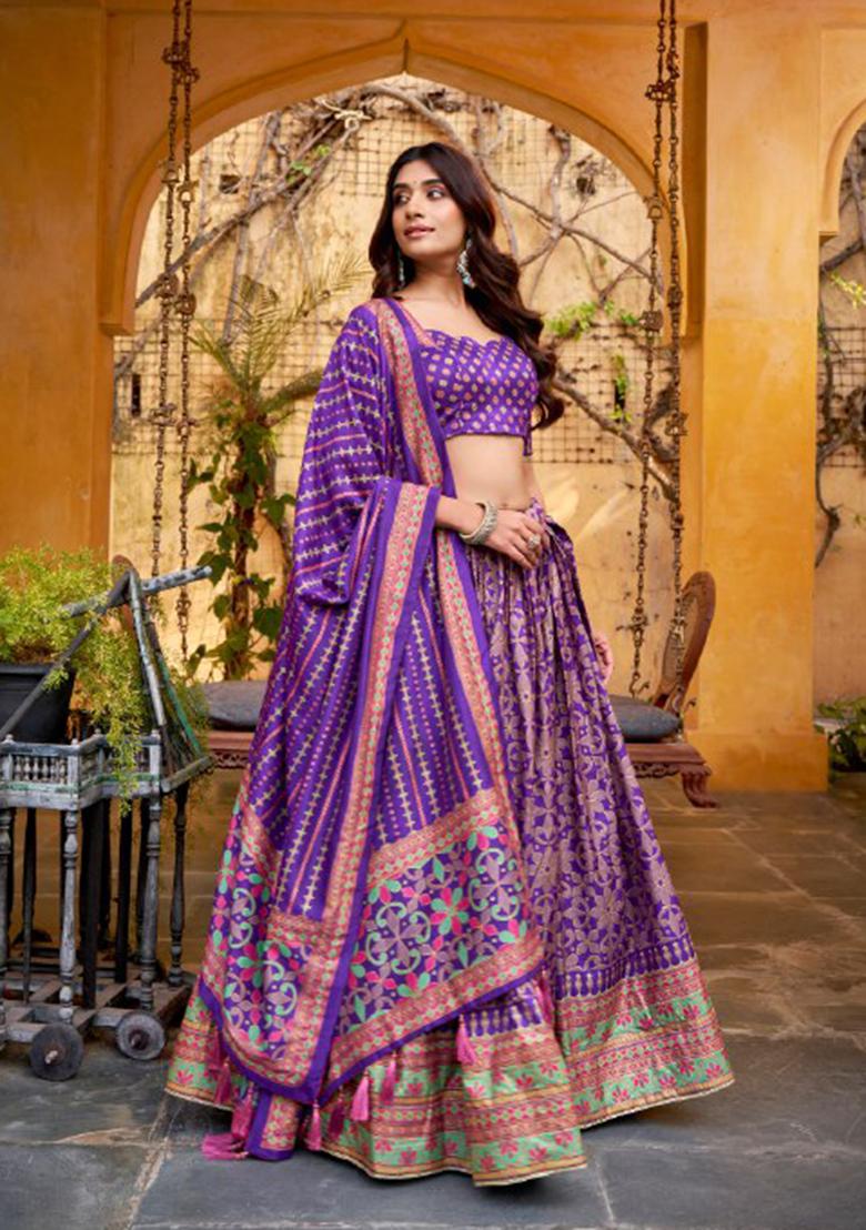 Purple Embellished Silk Blend Lehenga Set - Indya