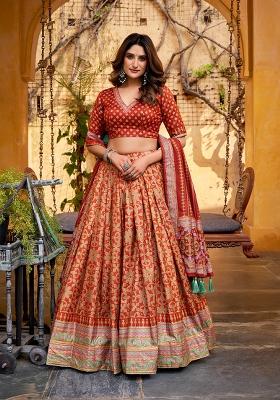 Orange Embellished Silk Blend Lehenga Set