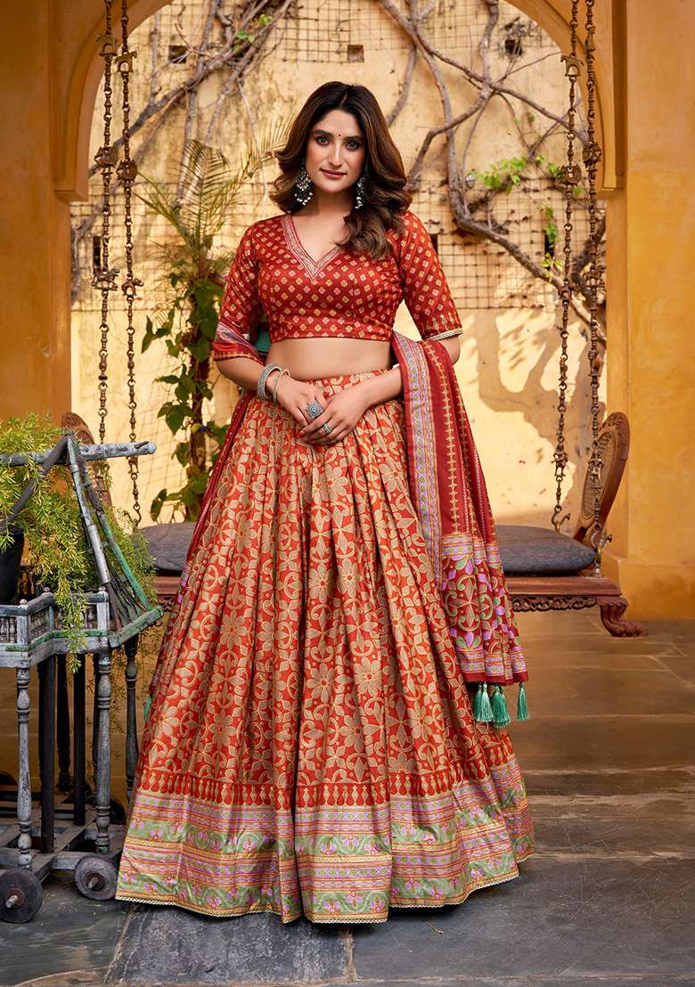 Orange Embellished Silk Blend Lehenga Set for Diwali | Wedding & Festive Wear - Indya