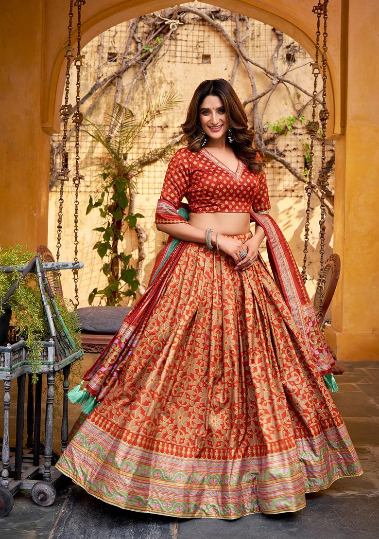 Orange Embellished Silk Blend Lehenga Set - Indya