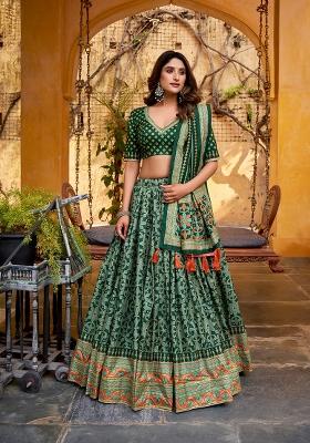 Green Embellished Silk Blend Lehenga Set
