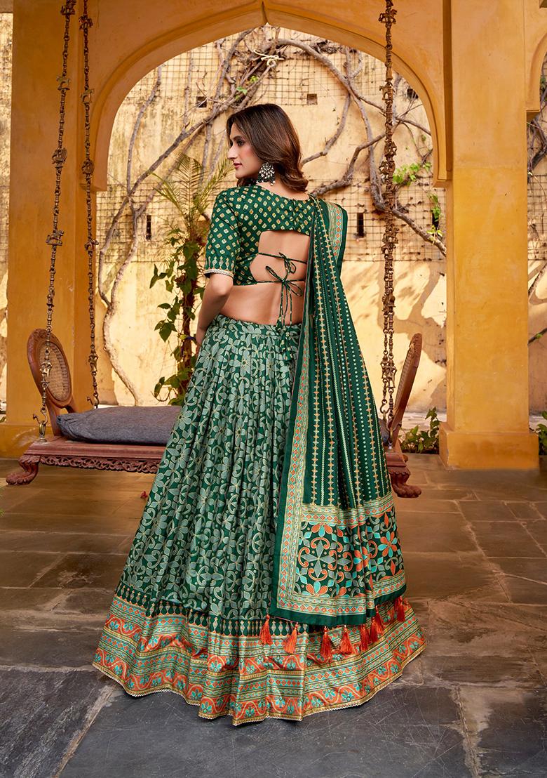 Green Embellished Silk Blend Lehenga Set - Indya