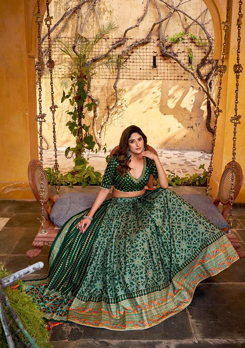 Green Embellished Silk Blend Lehenga Set for Diwali | Wedding & Festive Wear - Indya