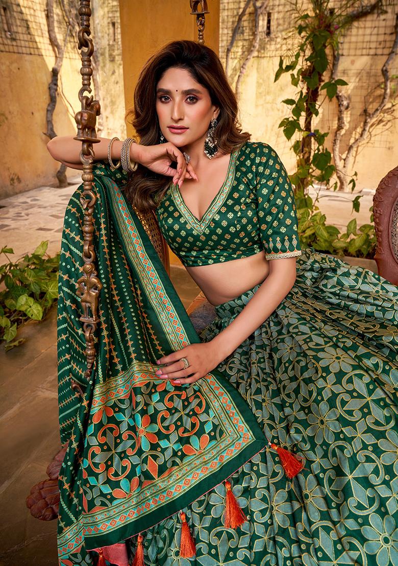 Green Embellished Silk Blend Lehenga Set - Indya