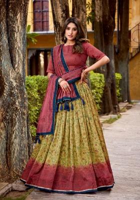 Red Printed Silk Blend Lehenga Set