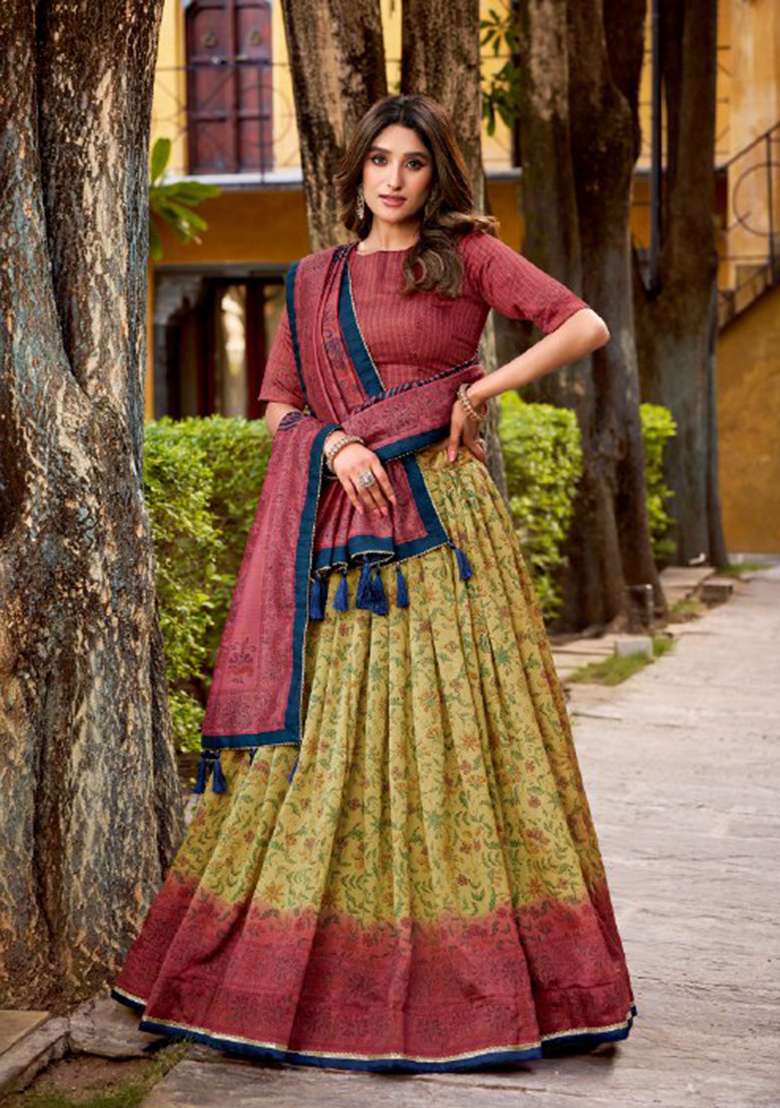 Red Printed Silk Blend Lehenga Set for Diwali and Festive Wear - Indya