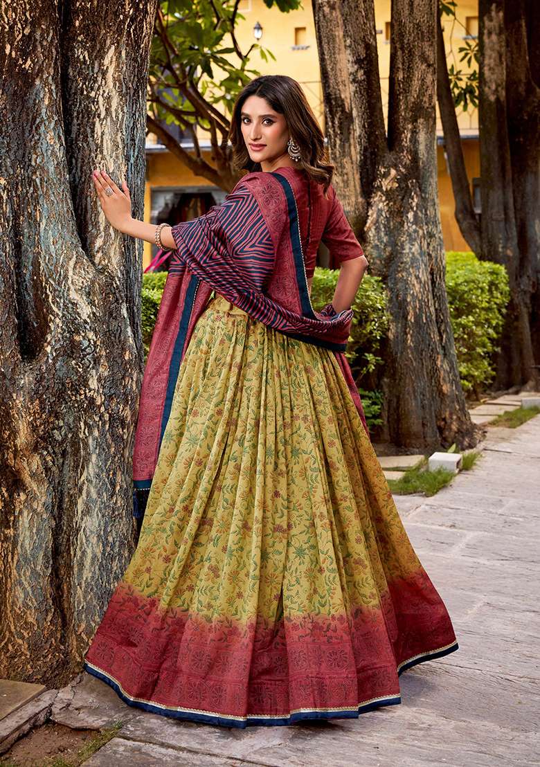 Red Printed Silk Blend Lehenga Set for Diwali and Festive Wear - Indya