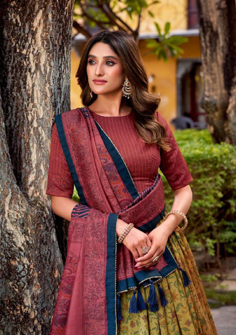 Red Printed Silk Blend Lehenga Set - Indya