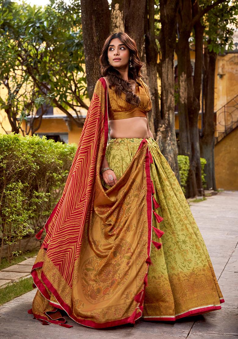 Green Printed Silk Blend Lehenga Set - Indya