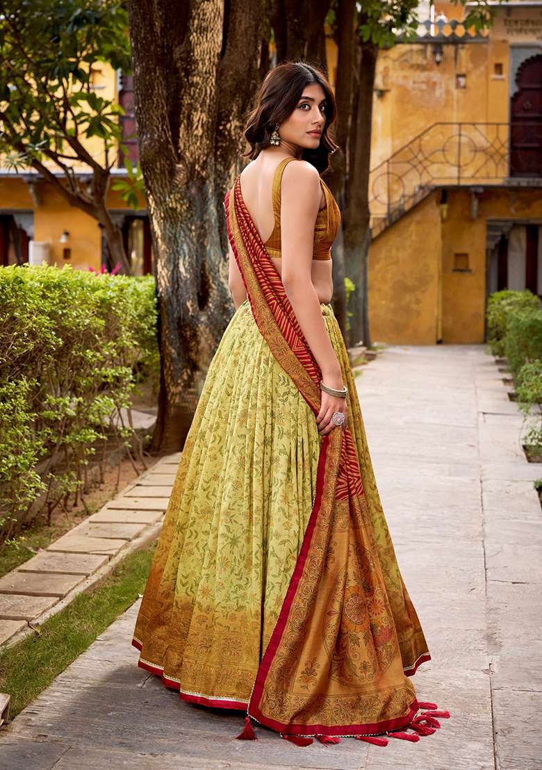 Green Printed Silk Blend Lehenga Set for Diwali and Festive Wear - Indya