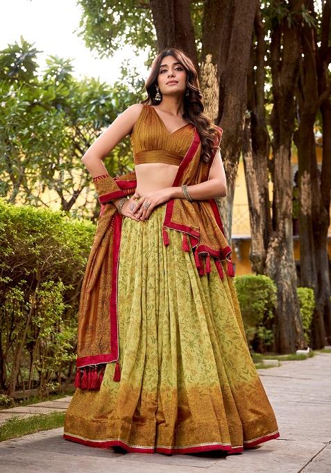 Green Printed Silk Blend Lehenga Set