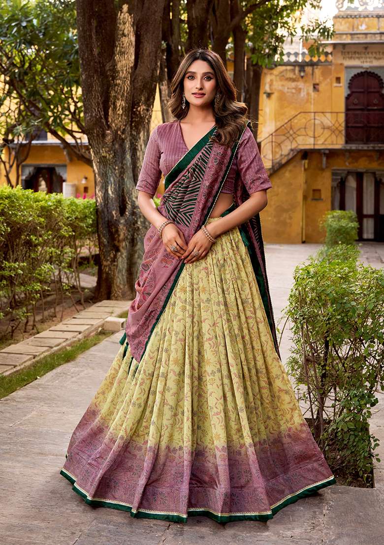 Mauve Printed Silk Blend Lehenga Set for Diwali and Festive Wear - Indya