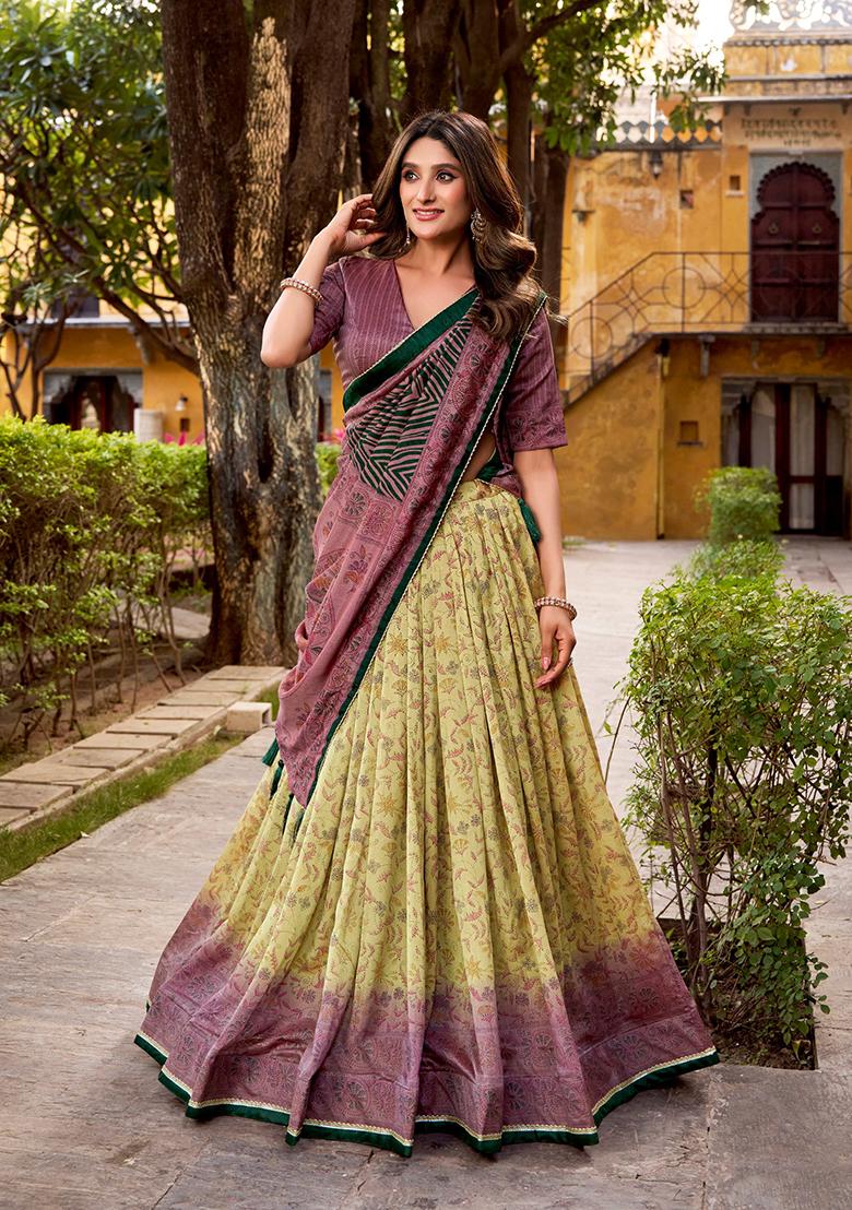 Mauve Printed Silk Blend Lehenga Set - Indya