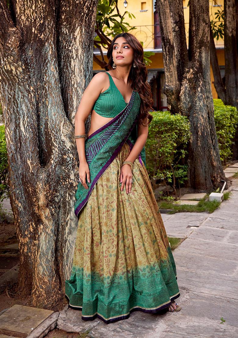 Firozi Printed Silk Blend Lehenga Set - Indya